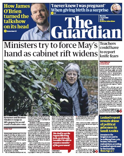 The Guardian Newspaper Front Page (UK) for 1 April 2019