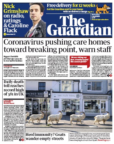 The Guardian Newspaper Front Page (UK) for 1 April 2020