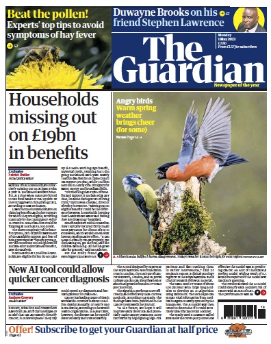 The Guardian Newspaper Front Page (UK) for 1 May 2023