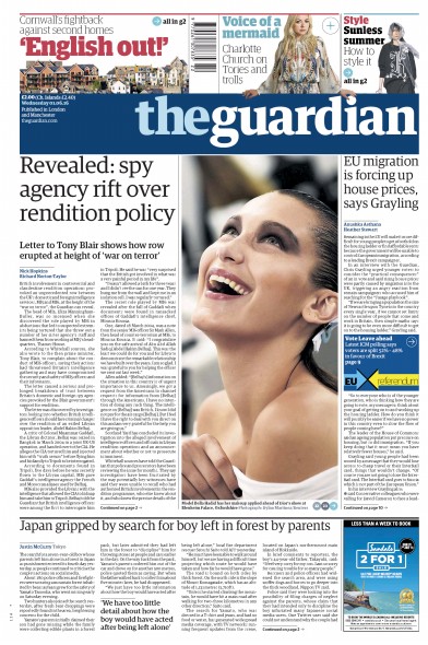 The Guardian Newspaper Front Page (UK) for 1 June 2016