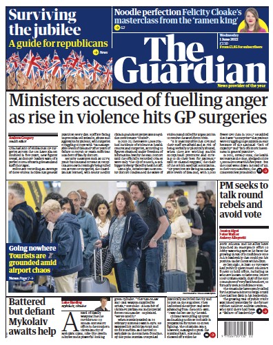 The Guardian Newspaper Front Page (UK) for 1 June 2022