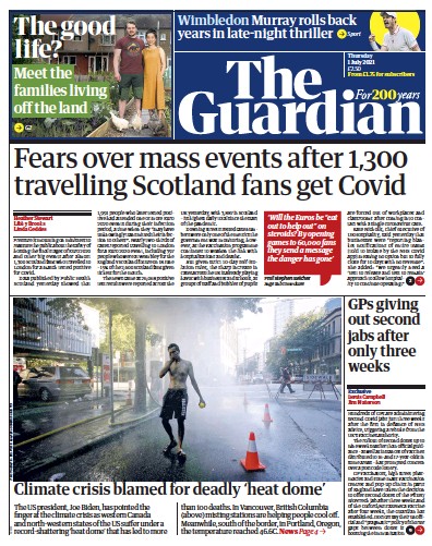 The Guardian Newspaper Front Page (UK) for 1 July 2021
