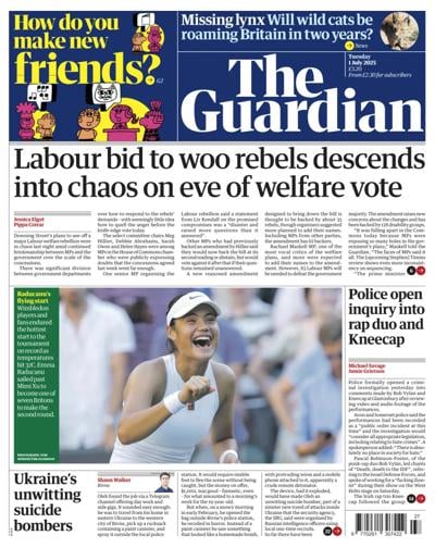 The Guardian Newspaper Front Page (UK) for 1 July 2025