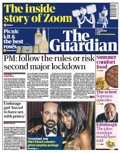 The Guardian Newspaper Front Page (UK) for 1 August 2020