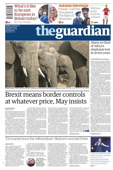 The Guardian Newspaper Front Page (UK) for 1 September 2016