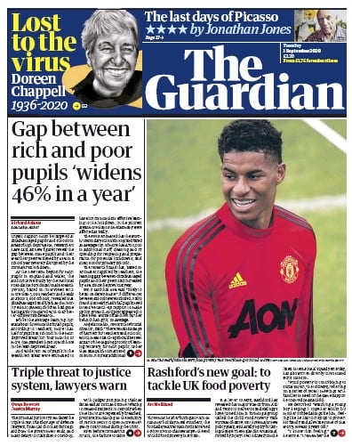 The Guardian Newspaper Front Page (UK) for 1 September 2020