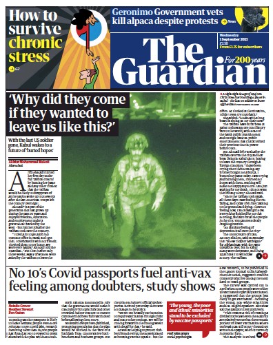The Guardian Newspaper Front Page (UK) for 1 September 2021