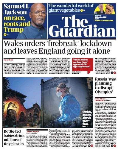 The Guardian Newspaper Front Page (UK) for 20 October 2020