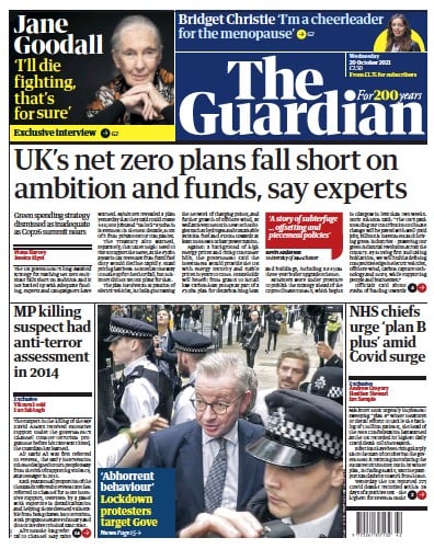 The Guardian Newspaper Front Page (UK) for 20 October 2021
