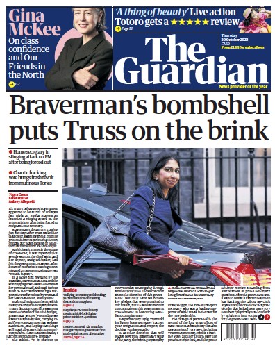 The Guardian Newspaper Front Page (UK) for 20 October 2022