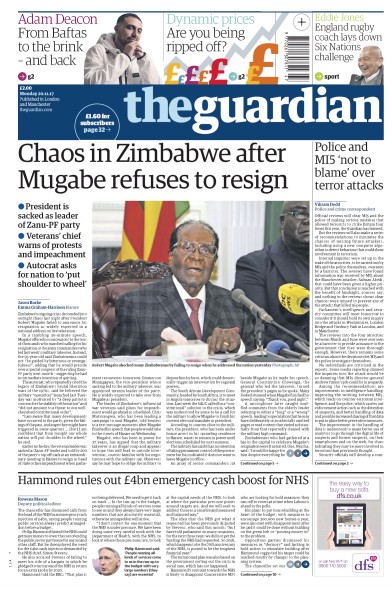 The Guardian Newspaper Front Page (UK) for 20 November 2017