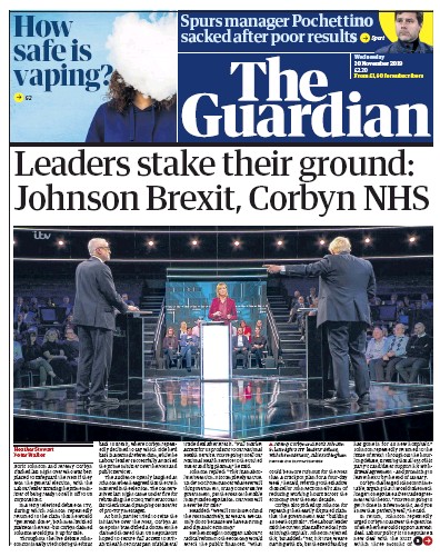 The Guardian Newspaper Front Page (UK) for 20 November 2019