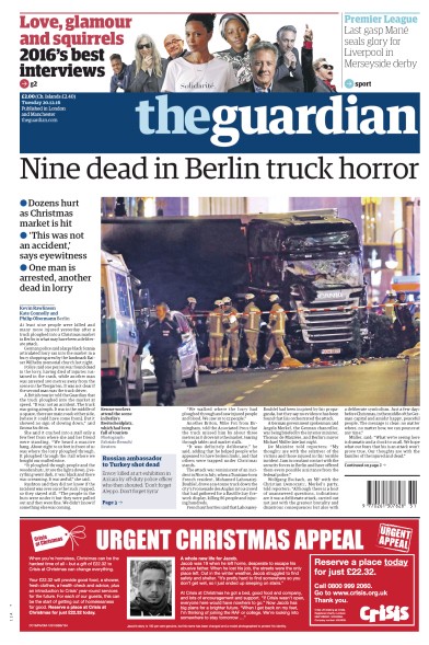 The Guardian Newspaper Front Page (UK) for 20 December 2016