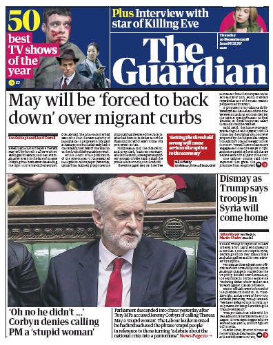 The Guardian Newspaper Front Page (UK) for 20 December 2018