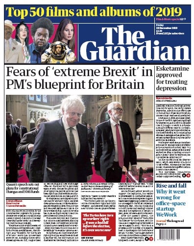 The Guardian Newspaper Front Page (UK) for 20 December 2019