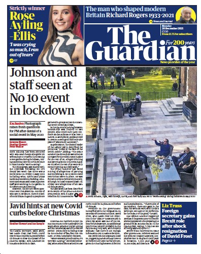 The Guardian Newspaper Front Page (UK) for 20 December 2021