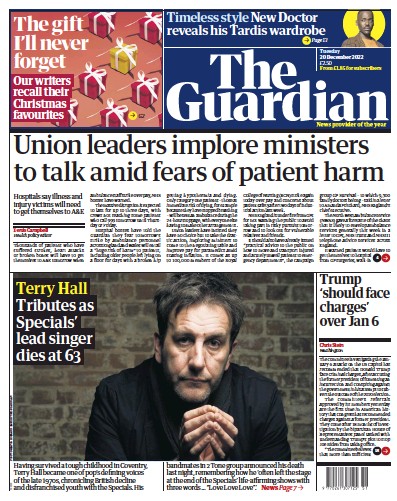 The Guardian Newspaper Front Page (UK) for 20 December 2022