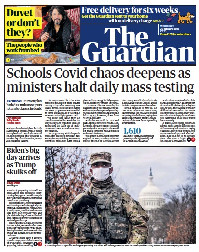 The Guardian Newspaper Front Page (UK) for 20 January 2021