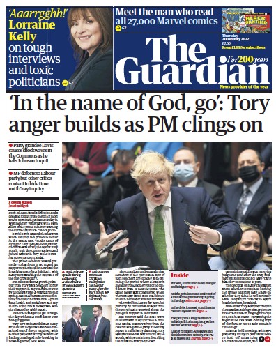 The Guardian Newspaper Front Page (UK) for 20 January 2022