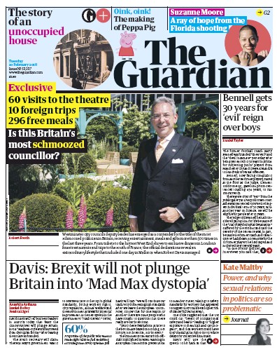 The Guardian Newspaper Front Page (UK) for 20 February 2018
