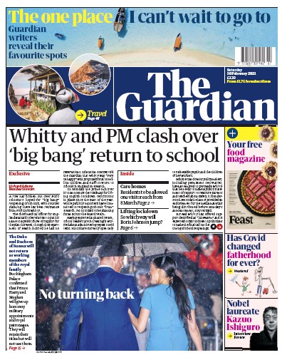 The Guardian Newspaper Front Page (UK) for 20 February 2021