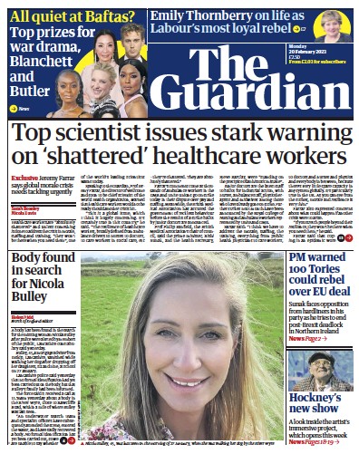 The Guardian Newspaper Front Page (UK) for 20 February 2023