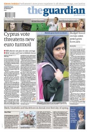 The Guardian Newspaper Front Page (UK) for 20 March 2013