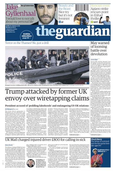 The Guardian Newspaper Front Page (UK) for 20 March 2017