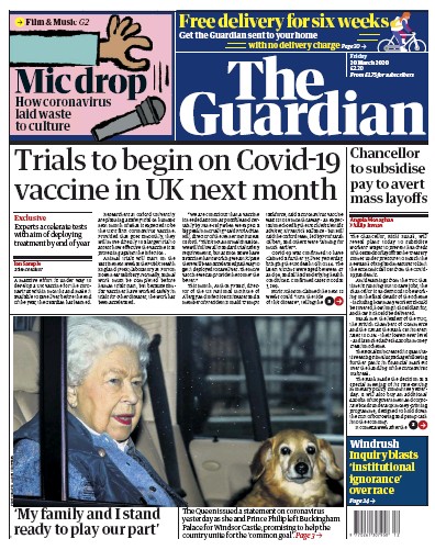 The Guardian Newspaper Front Page (UK) for 20 March 2020