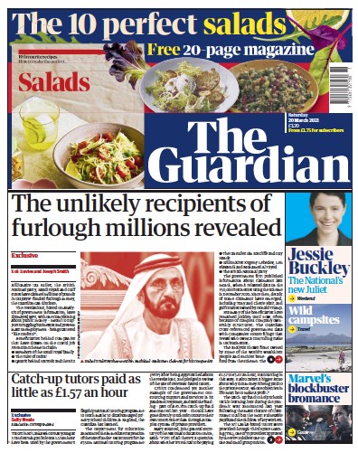 The Guardian Newspaper Front Page (UK) for 20 March 2021