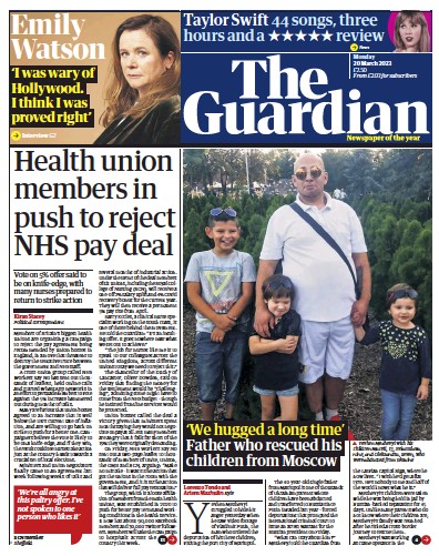The Guardian Newspaper Front Page (UK) for 20 March 2023