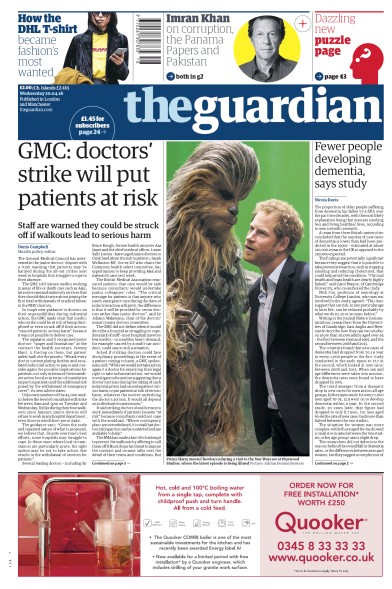 The Guardian Newspaper Front Page (UK) for 20 April 2016