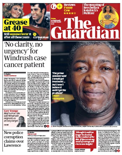 The Guardian Newspaper Front Page (UK) for 20 April 2018