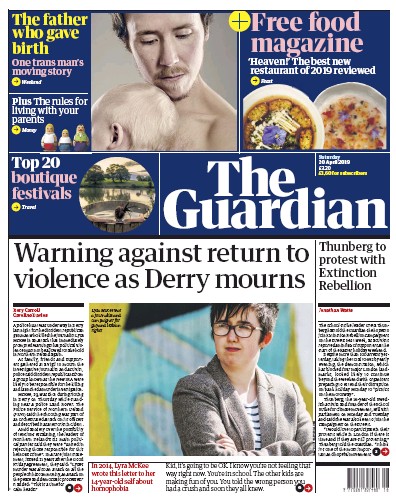 The Guardian Newspaper Front Page (UK) for 20 April 2019