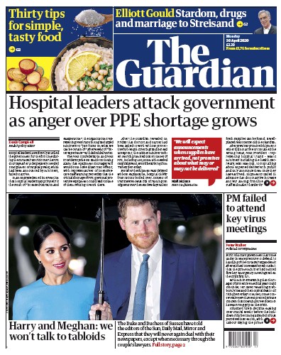 The Guardian Newspaper Front Page (UK) for 20 April 2020