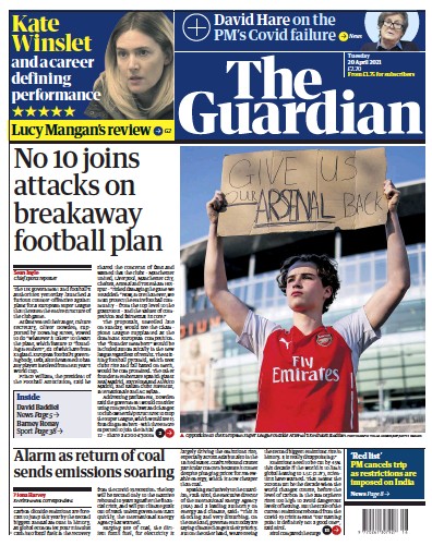 The Guardian Newspaper Front Page (UK) for 20 April 2021