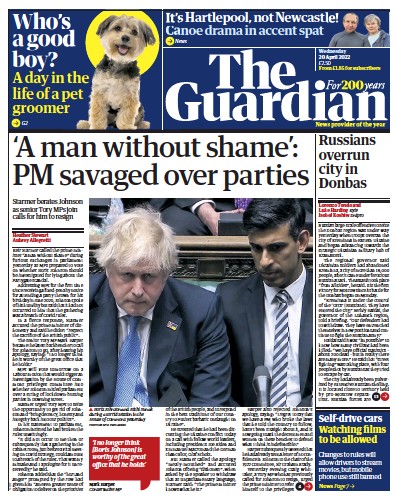 The Guardian Newspaper Front Page (UK) for 20 April 2022