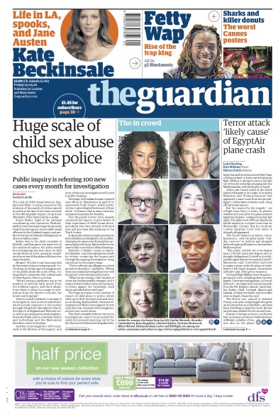The Guardian Newspaper Front Page (UK) for 20 May 2016