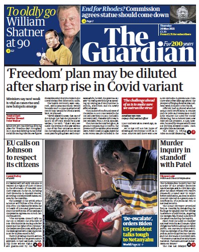 The Guardian Newspaper Front Page (UK) for 20 May 2021
