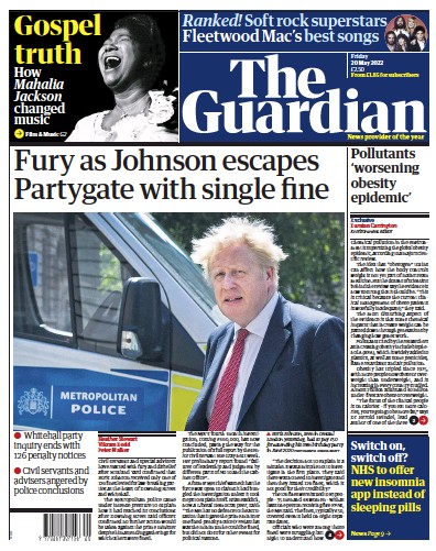 The Guardian Newspaper Front Page (UK) for 20 May 2022