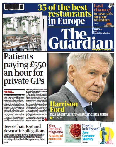 The Guardian Newspaper Front Page (UK) for 20 May 2023