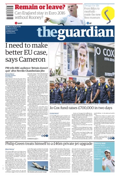 The Guardian Newspaper Front Page (UK) for 20 June 2016