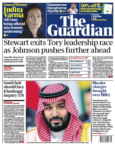 The Guardian Newspaper Front Page (UK) for 20 June 2019