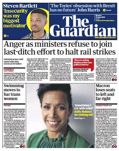 The Guardian Newspaper Front Page (UK) for 20 June 2022
