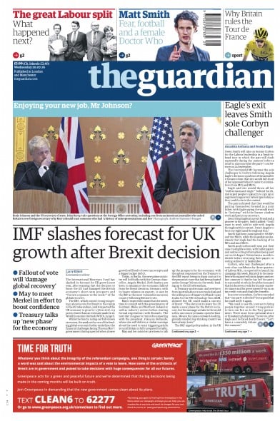 The Guardian Newspaper Front Page (UK) for 20 July 2016