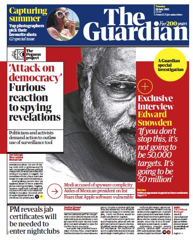 The Guardian Newspaper Front Page (UK) for 20 July 2021