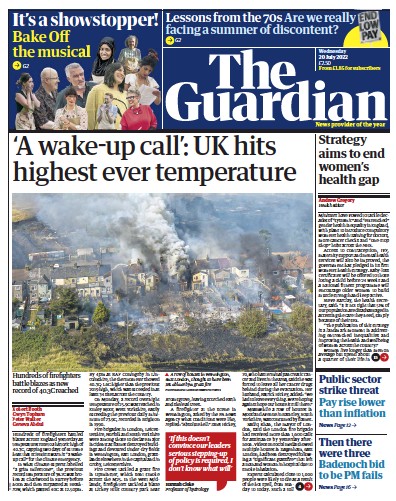 The Guardian Newspaper Front Page (UK) for 20 July 2022