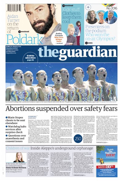 The Guardian Newspaper Front Page (UK) for 20 August 2016