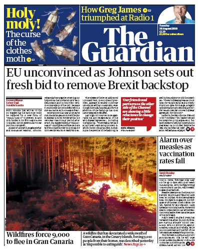 The Guardian Newspaper Front Page (UK) for 20 August 2019