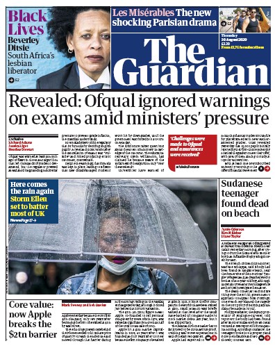 The Guardian Newspaper Front Page (UK) for 20 August 2020